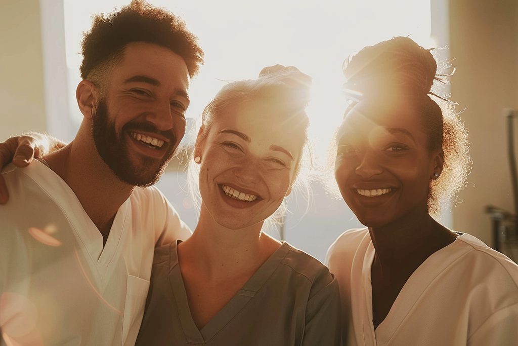 Three smiling healthcare team members in scrubs standing together