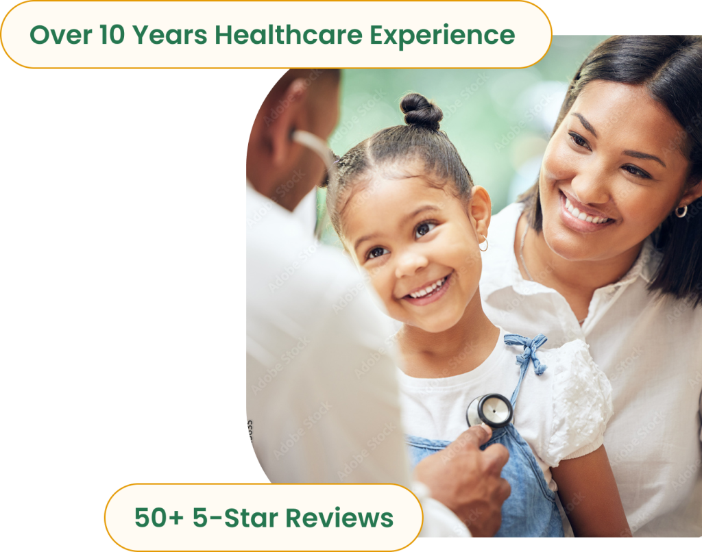 Family physician with a young patient at RightCare Family Medicine in Raleigh, NC — over 10 years of healthcare experience